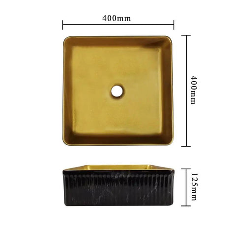 Top view of a square bathroom countertop vessel sink in gold, dimensions 400mm x 400mm, showcases ceramic build for modern bathrooms.