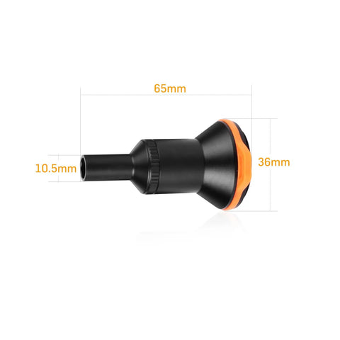 Aluminum Alloy Underwater Dive Light Snoot for Macro Photography and Videography, 65mm x 36mm dimensions, shown side view.