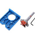 Blue plastic hinge-boring jig with metal bit and hex key for accurate cabinet hinge cup holes