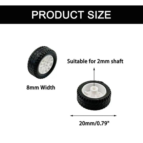 20 Piece Toy Car Wheel Rubber Tire Kit With 10 Piece Round Rod Axles showing 20mm diameter wheel and 2mm shaft compatibility