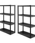 Badass 4 Tier Heavy Duty Plastic Storage Shelves For Garage Or Shed Use Black 2 Pack side view of freestanding racks