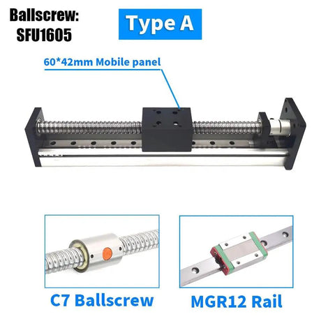 Aluminum Rail Linear Guide Stage For 3D Printer Motion Slide Table With 100mm 200mm Stroke, X Y Z Axis Movement, Ideal CNC Robotic Project, 60x42mm Mobile Panel, 12mm Guide Diameter, Nema Bracket Compatible, Type A ballscrew stage