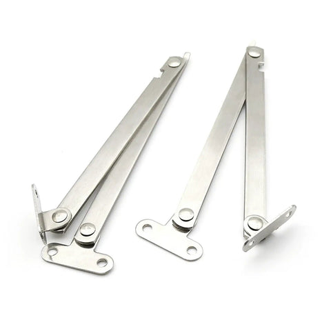 Heavy Duty Two Pack Folding Lid Support Hinges Built Tough Stainless Steel Brackets for cupboard and trunk repairs.