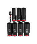 Eight Piece Three Eighths Inch Drive Deep Metric Six Point Socket Set For Impact Duty With Shockwave Technology displayed on white