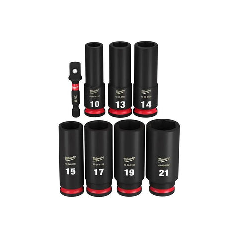 Eight Piece Three Eighths Inch Drive Deep Metric Six Point Socket Set For Impact Duty With Shockwave Technology displayed on white