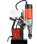 Heavy Duty Magnetic Drill Press Featuring A Heavy Hitter 1200 Watt Motor showing side view with drill bit attached for steel work.