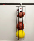 Garage FastTrack Vertical Ball Rack Wall Mount In Satin Nickel with football, soccer ball, basketball, volleyball organized off the floor
