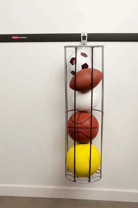 Garage FastTrack Vertical Ball Rack Wall Mount In Satin Nickel with football, soccer ball, basketball, volleyball organized off the floor