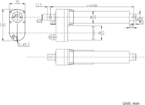Heavy Lift Linear Actuator Electric Lifter Built Tough With Rock Solid Thrust Rating And IP65 Rated Waterproof Aluminum Telescopic Push Rod dimensions drawing.