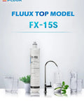 FLUUXX Top Model FX-15S heavy duty water filter cartridge next to glasses of water and mint, ideal for under sink systems.