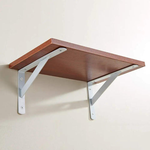 White Heavy Duty L Shaped Shelf Bracket Rock Solid Wall Mount supporting a wooden shelf against a wall.