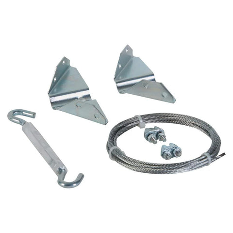 Anti Sag Gate Kit For Exterior Use With WeatherGuard Protection Zinc Plated Heavy Gauge Cold Rolled Steel Includes Top And Bottom Corner Braces And Mounting Hardware Keeps Gates Aligned With Up To Seven And A Half Feet Diagonal Bracing, image shows zinc corner braces, cable, and turnbuckle.