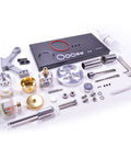 All Metal Cylinder Stirling Engine Generator DIY Kit With Four LED Lights And Metal Base Real Dope Hands On Science Project For Adults And Teens Great Desk Decor And STEM Teaching Tool For Home Or Classroom, parts laid out