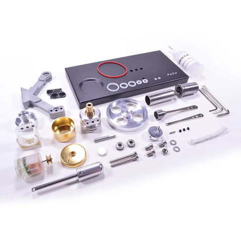 All Metal Cylinder Stirling Engine Generator DIY Kit With Four LED Lights And Metal Base Real Dope Hands On Science Project For Adults And Teens Great Desk Decor And STEM Teaching Tool For Home Or Classroom, parts laid out