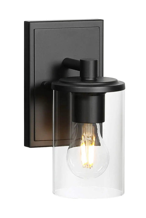 1 Light Slick Black Bathroom Vanity Sconce With Clear Tubular Glass Shade Modern Indoor Wall Lighting Hardwired Fixture Up Or Down Mount Easy Install For Any Decor showing matte black finish with lit bulb