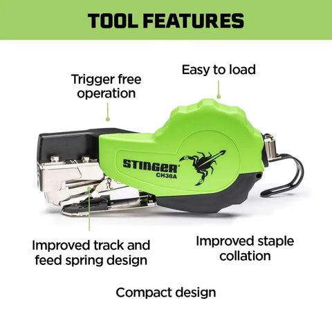 Straight Up Autofeed Cap Staple Hammer Tacker With One Inch Caps And Three Eighth Crown Staples showing features like trigger-free operation.