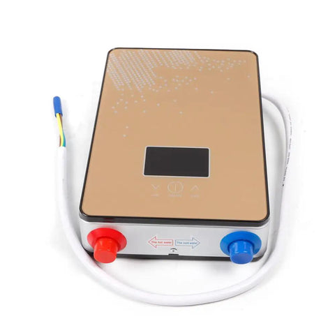 Electric Tankless Water Heater 110V 4500W Delivers Straight Fire Hot Water With Zero Wait Time And Rapid Three Second Heating For Quick Showers Featuring A Slick Gold Finish.