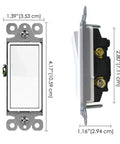 Three Way White Light Switch 4 Pack 15A 120 To 277V Rocker Switches For Single Pole Or Three Way Lighting Home And Office Grade UL And CUL Certified Durable Gloss Finish Easy Install, front and side view with dimensions