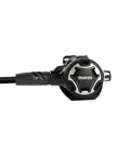 Side view of Dual Adjustable 62X Scuba Regulator Set With 1st And 2nd Stage Underwater Breathing System Black Intl Regulator Connection