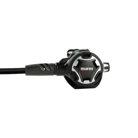 Side view of Dual Adjustable 62X Scuba Regulator Set With 1st And 2nd Stage Underwater Breathing System Black Intl Regulator Connection