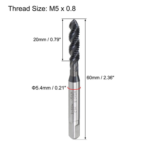 M5 x 0.8 Spiral Flute Tap For Metric Threads With HSS Nitriding Coated Finish, round shank, square end shown in side view.