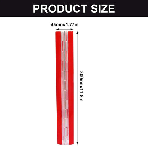 Two Pack 300 By 45mm Acrylic Piano Hinges With Stainless Steel Core Shaft showing product dimensions in millimeters and inches