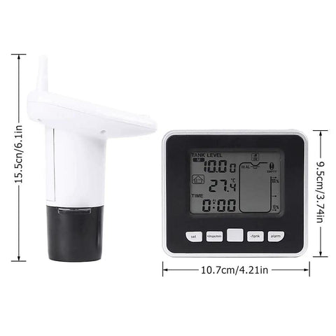 Water Level Sensor With Temperature Readout And Alarm, Ultrasonic Depth Meter For Tanks And Ponds That Keeps You In The Loop, High Low And Empty Alerts, Min Max Logging, Fahrenheit Or Celsius Readout, Up To 100m Range, showing front and side views.