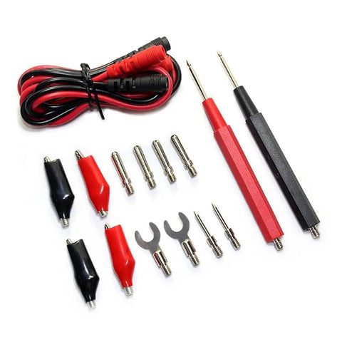 Digital Multimeter Probe Kit With 16 Piece Needle Tip Probes Insulated Clips And Test Pens For 4mm Meters In Card Slot 1000V Rated Versatile Measurement Accessory Kit displayed on white background.