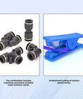 Blue PU Air Line Tubing Kit With One Quarter Inch OD And One Sixth Inch ID 39.4 Feet 12 Meters Includes 14 Fittings And Pipe Cutter