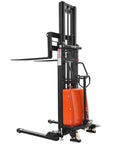 Heavy Duty Electric Fork Pallet Stacker And Warehouse Material Handling Rig With Rock Solid Vertical Lifting For Daily Shop Floor Hustle and Effortless Cargo Movement, side view.