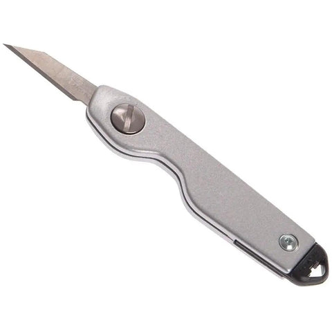 Foldable Utility Knife With Spring Lock Extendable Blade Locks Open Or Stows In The Body Silver Handle shown opened