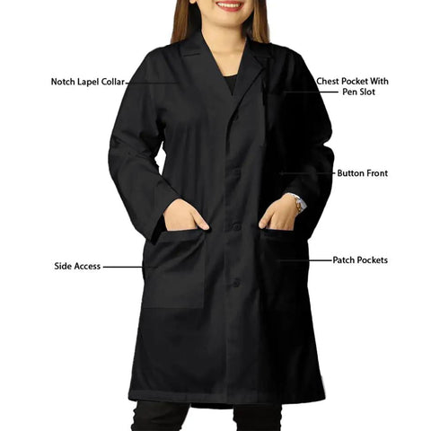 Person wearing Top Notch Ultra Comfortable Unisex Black Lab Coat Poly Cotton Blend 40 Inch Long Workwear For Men And Women
