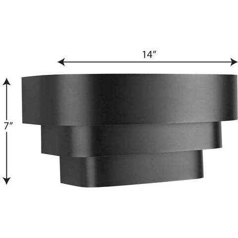 Front view of One Light Louvered Wall Sconce Light Fixture In Black Finish, Modern Design For Entryway Hallway Foyer Bedroom And Living Room, Tri Band Louvered Shade That Glows From The Top, Seven Inch Tall.