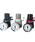 1/4 BSP Pneumatic Pressure Regulator Valve for Air Compressor, three colors with gauges, grey compact body, precise knob adjustment