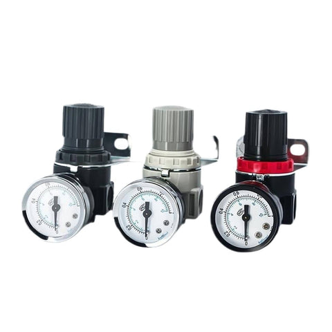 1/4 BSP Pneumatic Pressure Regulator Valve for Air Compressor, three colors with gauges, grey compact body, precise knob adjustment