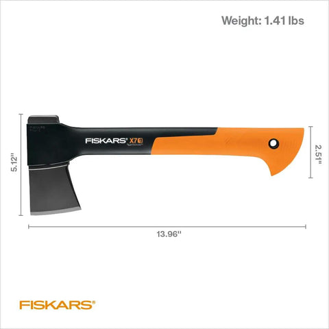 X7 Small 14 Inch Hatchet Axe with sheath, forged steel head, low friction blade, shock absorbing handle, side view.
