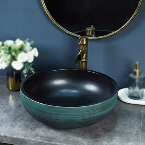 Bathroom Sinks Courtyard Ceramic Art Countertop Basin Creative Countertop Wash Basin Outdoor Bathroom Basin Wash Basin Vessel Vanity Sink Bowl Basin with dark interior and teal exterior