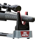 Compact Range Vise With Folding Forks And NonMarring Cradle For firearm cleaning, shown with rifle in cradle