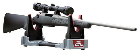 Compact Range Vise With Folding Forks And NonMarring Cradle For firearm cleaning, shown with rifle in cradle