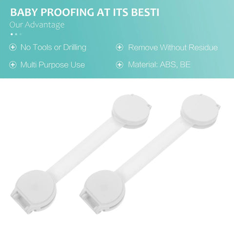 10 Pack White ABS Childproofing Safety Locks For Cabinets And Trash Cans, No Drill No Perforation Design, shown on blue background