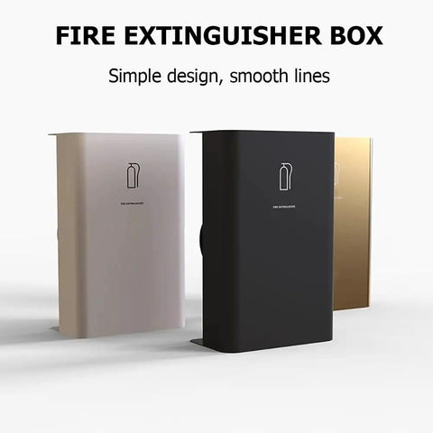 Heavy Duty Stainless Steel Fire Extinguisher Cabinet Built Different For Indoor Outdoor Wall Mount Top Shelf Commercial Grade Safety Station, showing white, black, and gold finishes.
