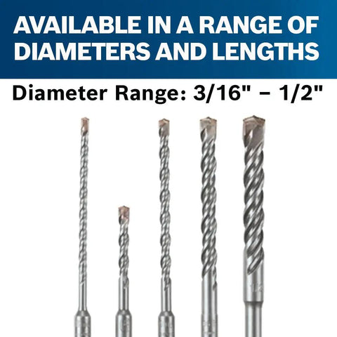 5-Piece SDS-Plus Bulldog Rotary Hammer Bit Set For Masonry, Brick, Block, And Concrete, Carbide-Tipped, shown in various sizes