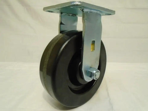 Heavy Duty 6 Inch Phenolic Caster Wheels Kingpinless Swivel With Brake Rigid Set side view showing durable phenolic wheel and metal bracket.