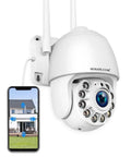 Outdoor WiFi Security Camera System With Around The Clock Recording, Spotlight Color Night Vision, Motion Tracking And Alerts, PTZ Auto Tracking, Two Way Talk, Waterproof Surveillance For Home, shown with mobile app interface