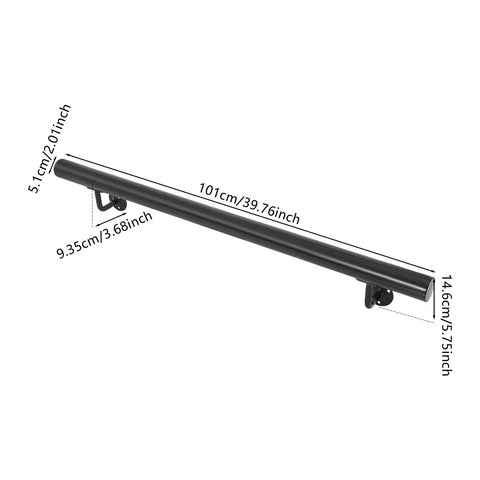 Flush Wall Mounted Stainless Steel Handrail Featuring Heavy Duty Sleek Black Cylinder. Dimensions: 101cm x 5.1cm x 14.6cm.