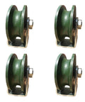 Four green cast-iron U-groove track wheels with mounting brackets for sliding doors, 300 kg load capacity.