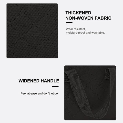 Close-up of thickened non-woven black fabric and widened handle on 3 Pack Heavy Duty Waterproof Storage Bags With Zipper For Grab And Go Moving And Travel, Foldable Reinforced Handles For Clothes Bedding And Blankets, Space Saving Vertical Design In Black, Perfect Organizers For Home And On The Go.