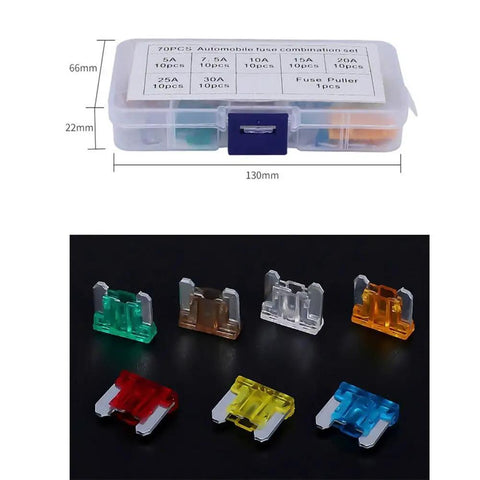 70 Piece Automotive Fuse Assortment Kit With Mixed 5 Amp 7.5 Amp 10 Amp 15 Amp 20 Amp 25 Amp And 30 Amp Blade Fuses For Cars Trucks And Motorcycles Great For Quick Electrical Repairs And DIY Wiring Upgrades with case and fuses displayed