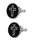 Cross Pattern Mens Cufflinks Set Fly Yet Classy Stylish Decorative Shirt Fasteners For Dress Shirts Weddings Birthdays And Special Occasions Premium Jewelry For Men, featuring black cross design on metal cufflinks with polished finish.