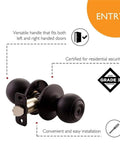 Keyed Entry Ball Door Knob in Matte Black Finish with Brass Construction 2 Way Latch, certified ANSI Grade-3 security